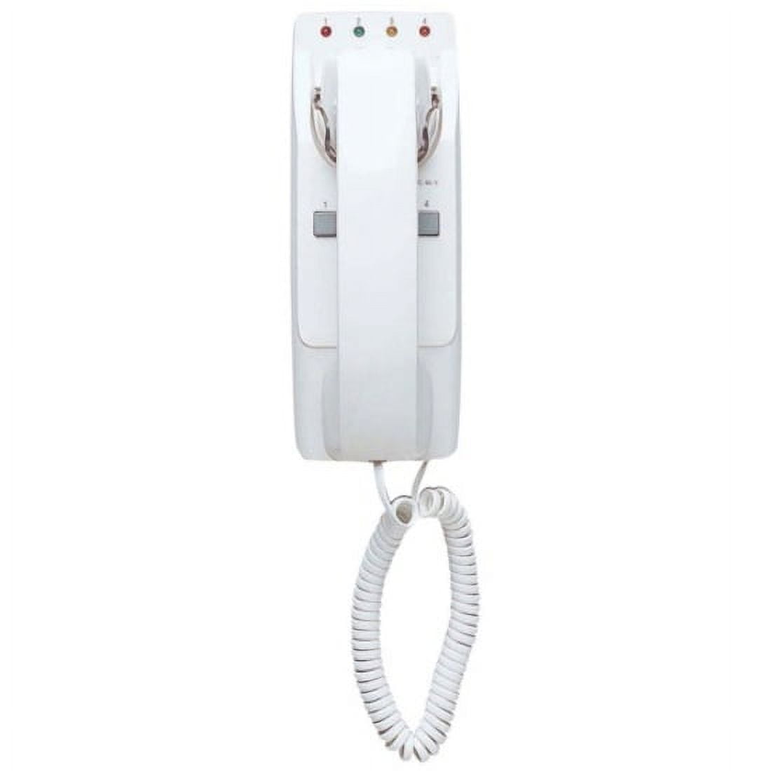 White wall-mounted phone with coiled cord on a white background