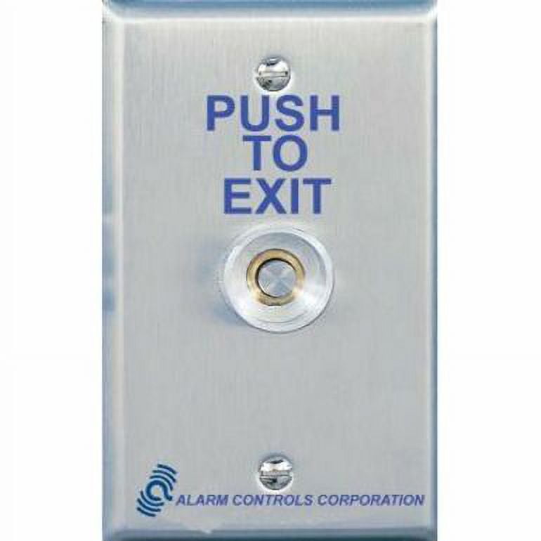 Metallic push to exit button with 'PUSH TO EXIT' text on a white background