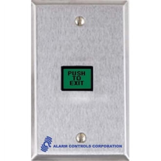Push to exit button with Alarm Controls Corporation logo on a white background