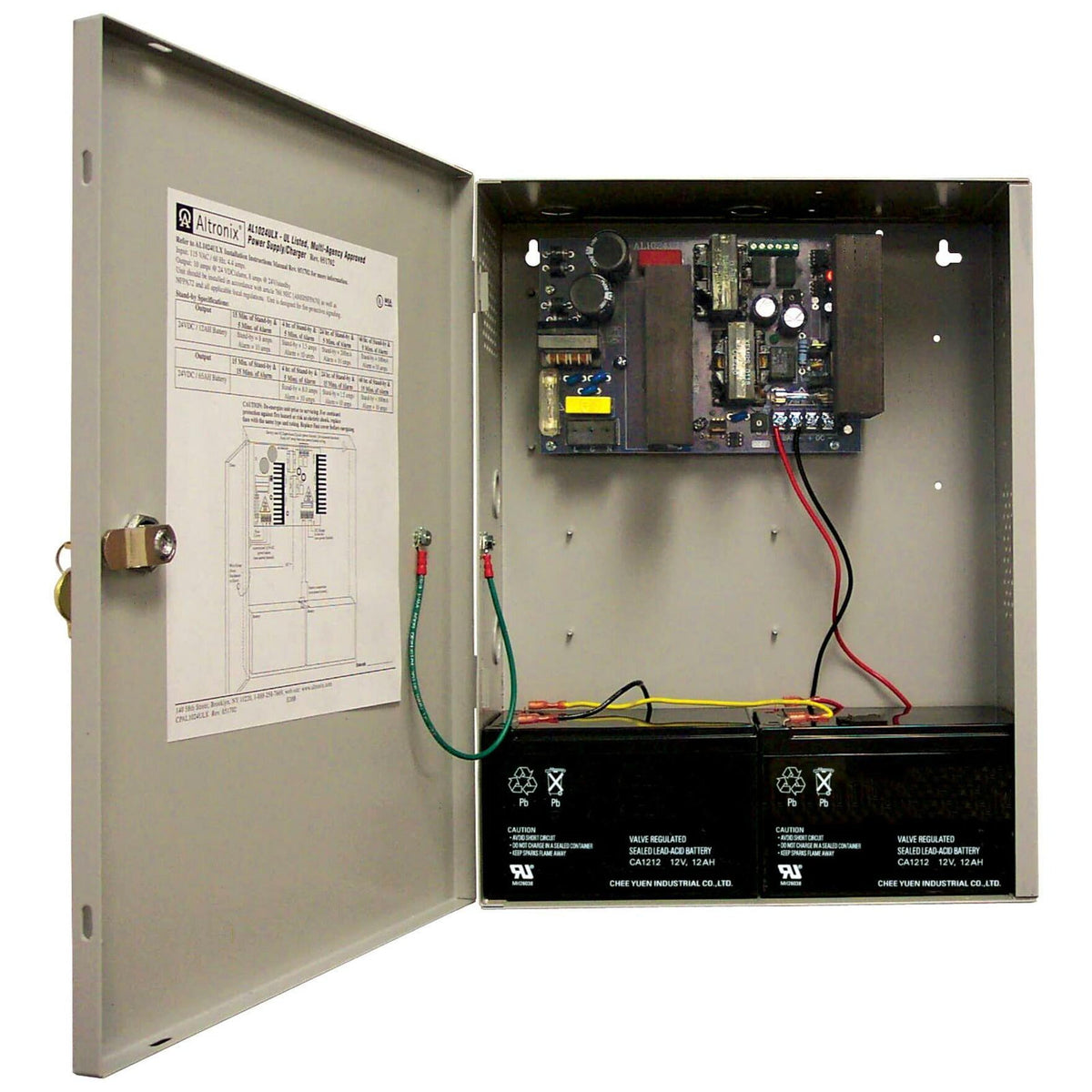 Electrical panel with wiring and components on a white background