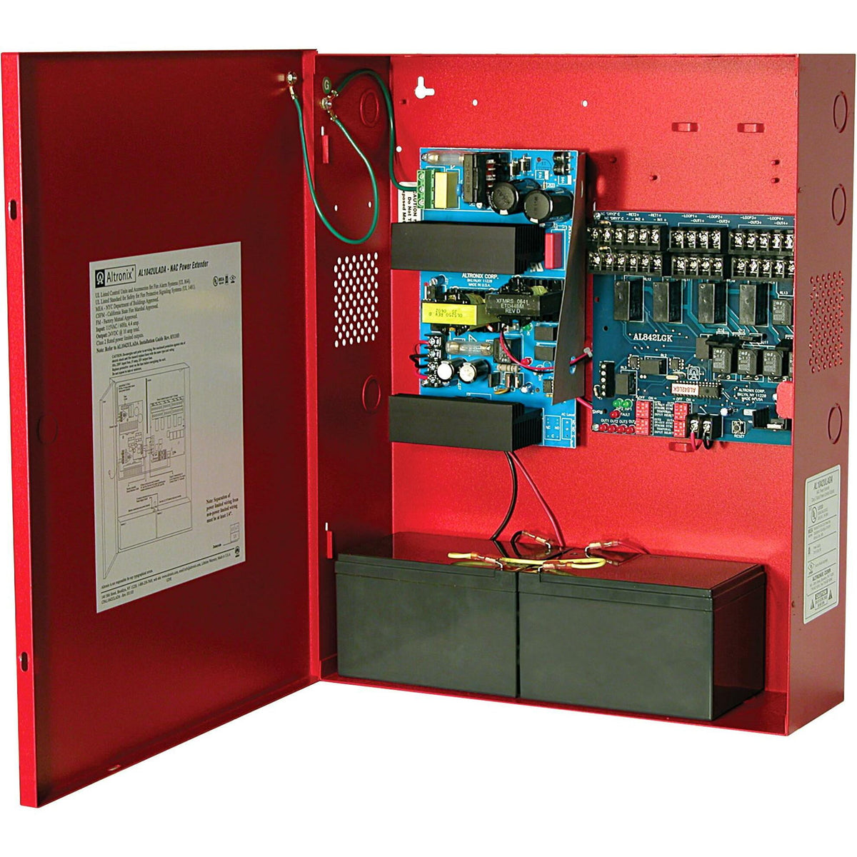 Red electrical panel with blue circuit boards and wiring inside