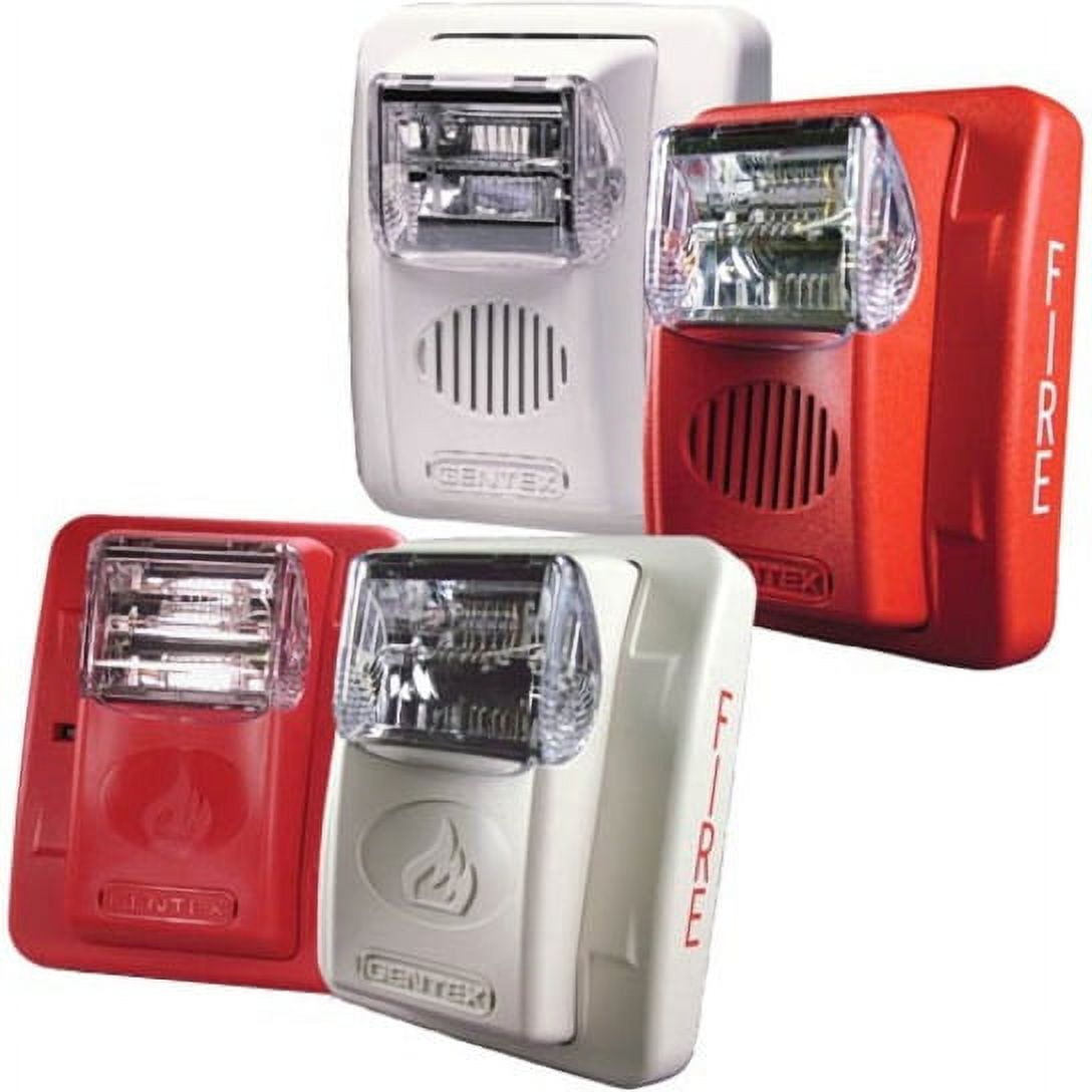 Four fire alarm devices in red and white on a white background