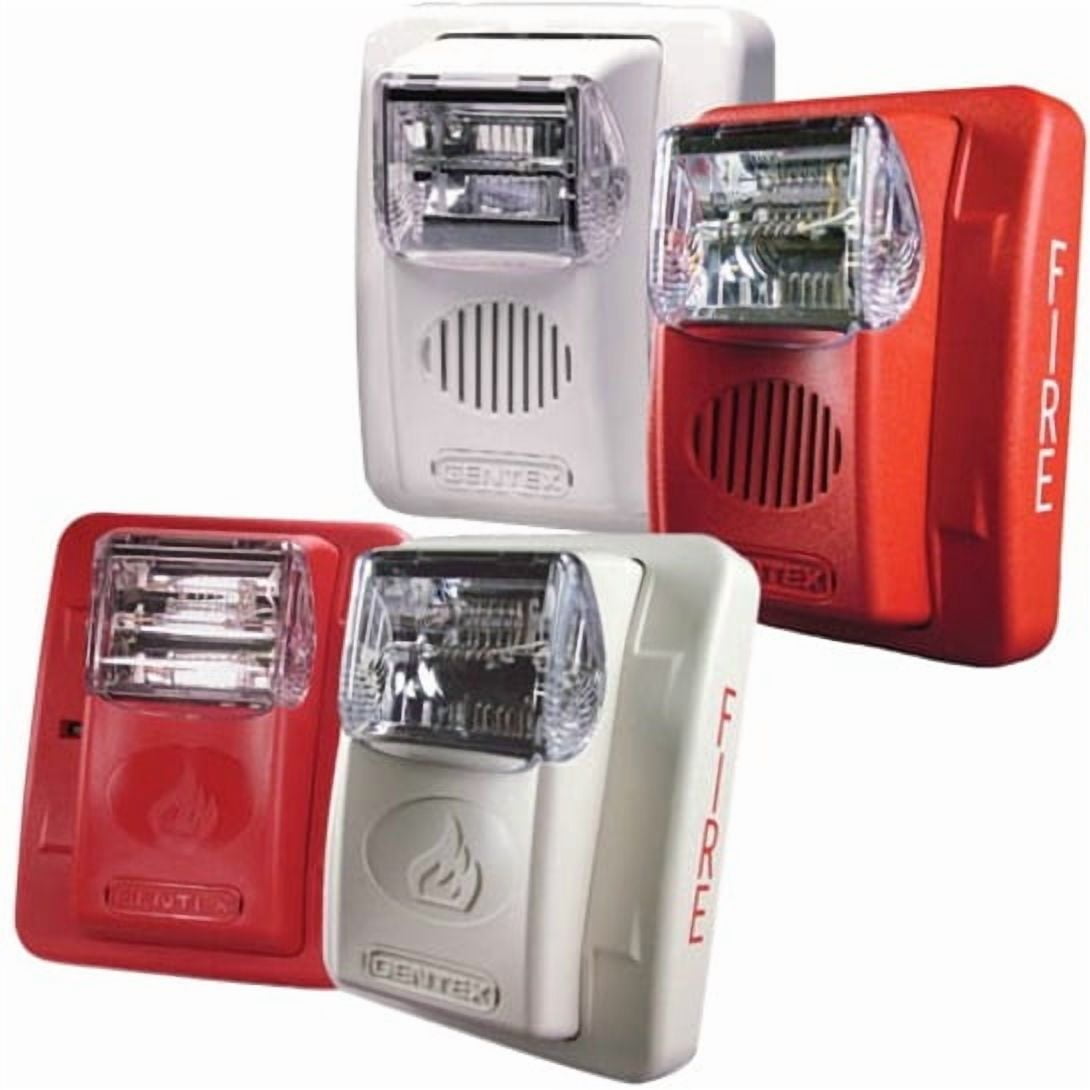 Four fire alarm devices in red and white on a white background