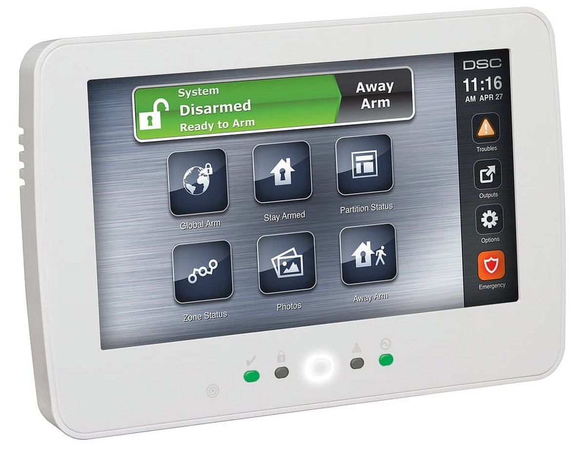 Security system control panel with touchscreen display on a white background