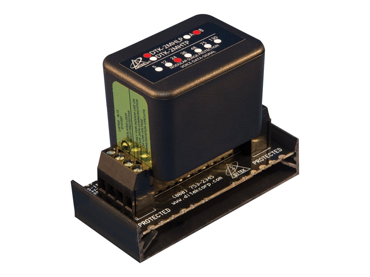 Black electronic module with labeled components on a white background