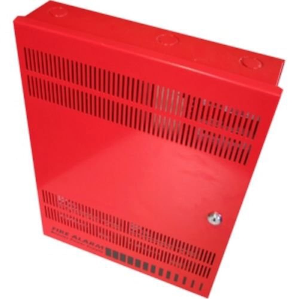 red metal box with ventilation grille on white background