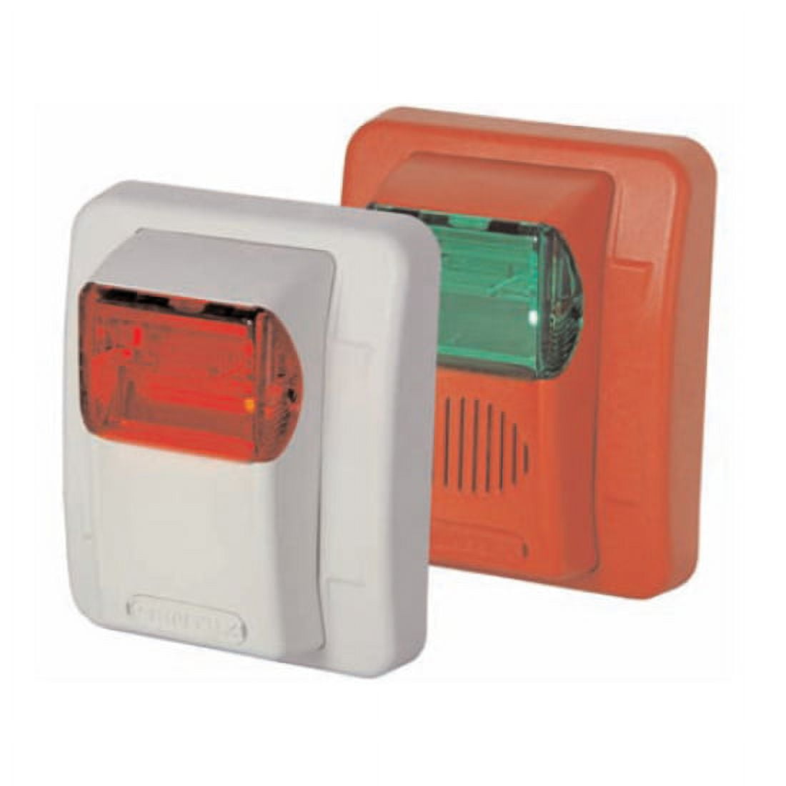 one white and one red device with red and green lights respectively on white background