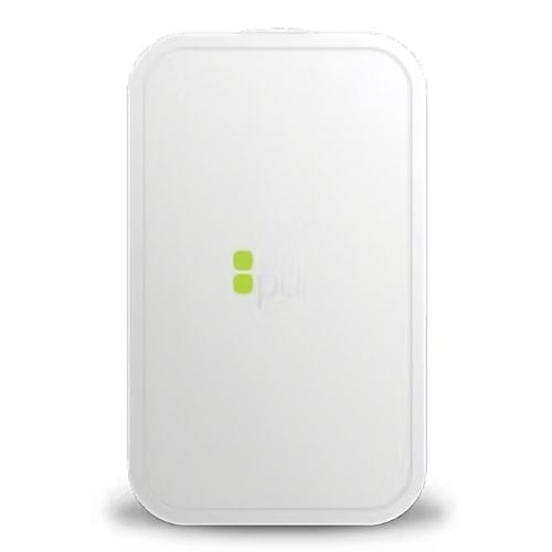 White electronic device with a green indicator light on a white background