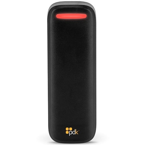 A black PDK handheld electronic device with a red illuminated light bar at the top and the PDK logo near the bottom, shown on a plain white background.