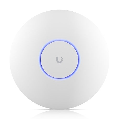 White network device with a blue light on a white background