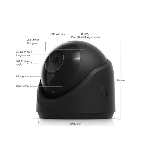 Ubiquiti UVC-G6-TURRET-B G6 PoE Turret IP Camera, 4K All-Weather with 1/1.8" 8MP Sensor, Multi-TOPS AI Engine, and 3-Axis Adjustment, Black