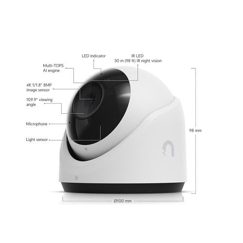 Ubiquiti UVC-G6-TURRET-W G6 PoE Turret IP Camera, 4K All-Weather with 1/1.8" 8MP Sensor, Multi-TOPS AI Engine, and 3-Axis Adjustment, White