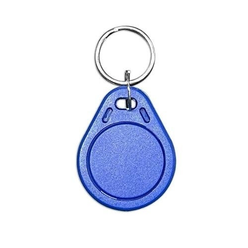 Blue keychain tag with a metallic finish on a white background