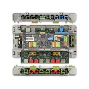 Electronic circuit boards with various connectors on a white background