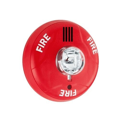 Red fire alarm with 'FIRE' text on a white background