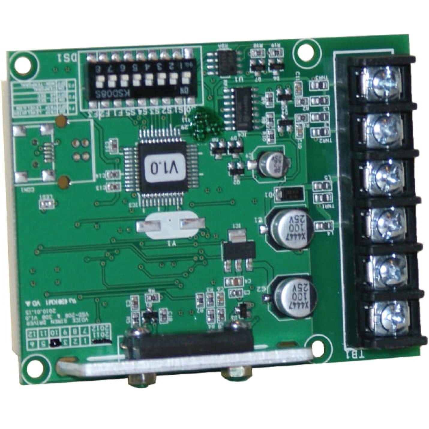 green electronic circuit board with components on white background