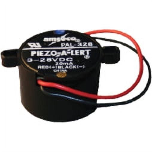 Piezo alert device with red and black wires on a white background