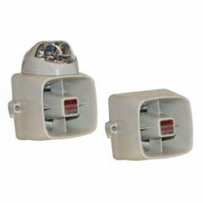 Two white outdoor security lights on a white background