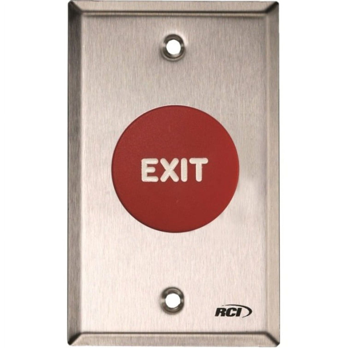 Metallic exit button with red circle and 'EXIT' text on a white background