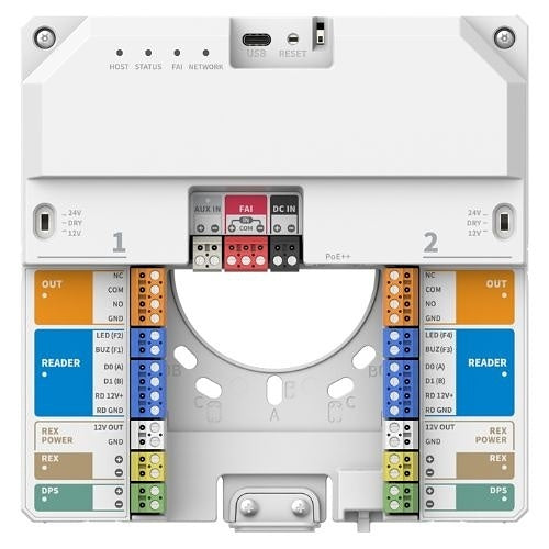 Electrical panel with various connectors and labels on a white background