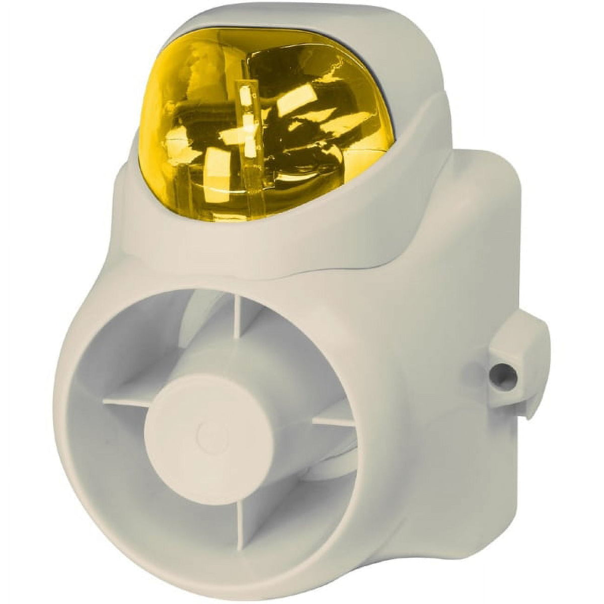 white notification siren strobe with yellow lens on white background