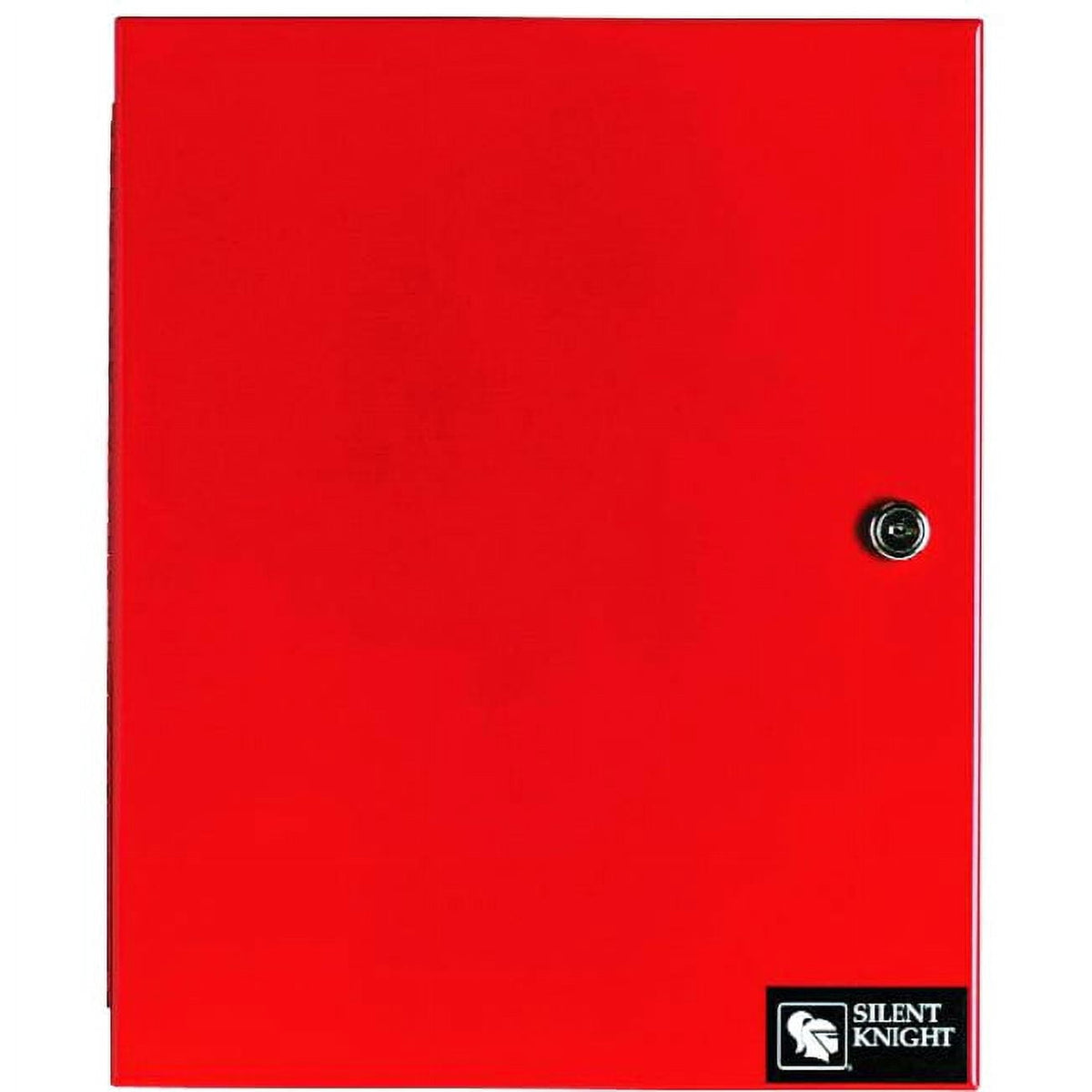 red metal box with silent knight branding and silver lock on white background