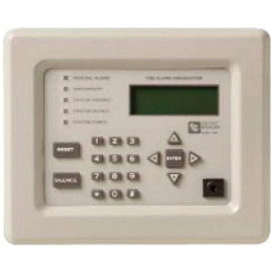 Fire alarm annunciator panel with keypad and display on a white background