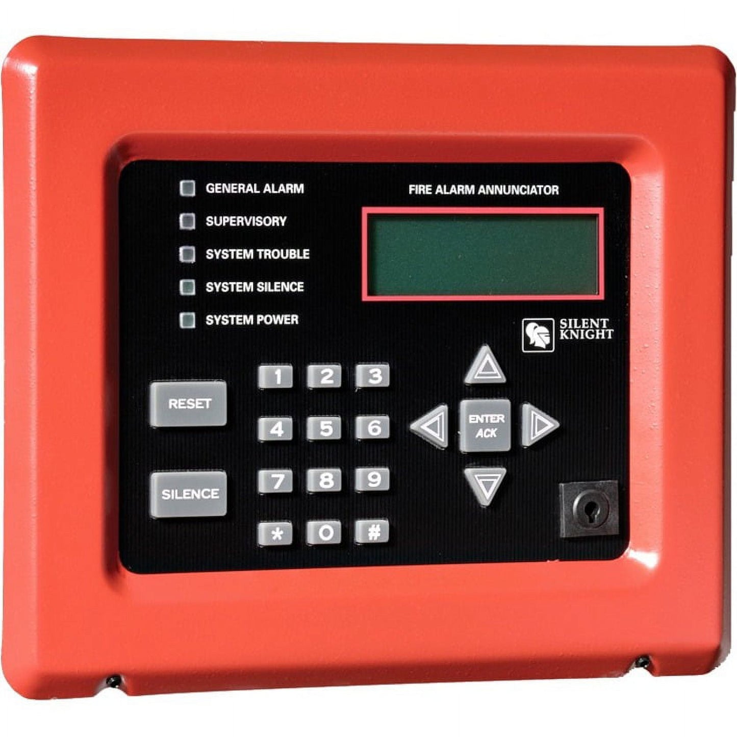 Red fire alarm annunciator with digital display and keypad on a white background