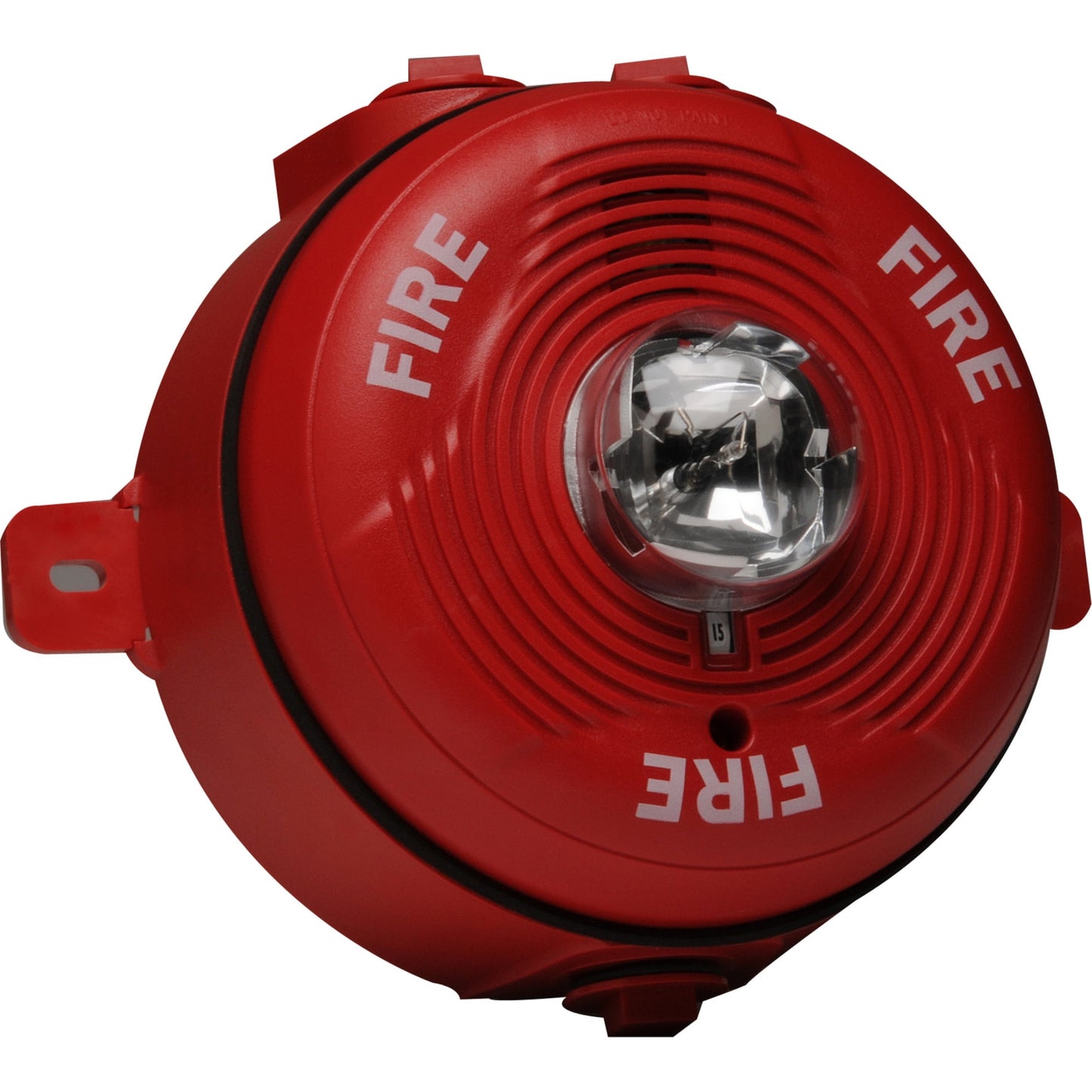 Red fire alarm with 'FIRE' text on a white background