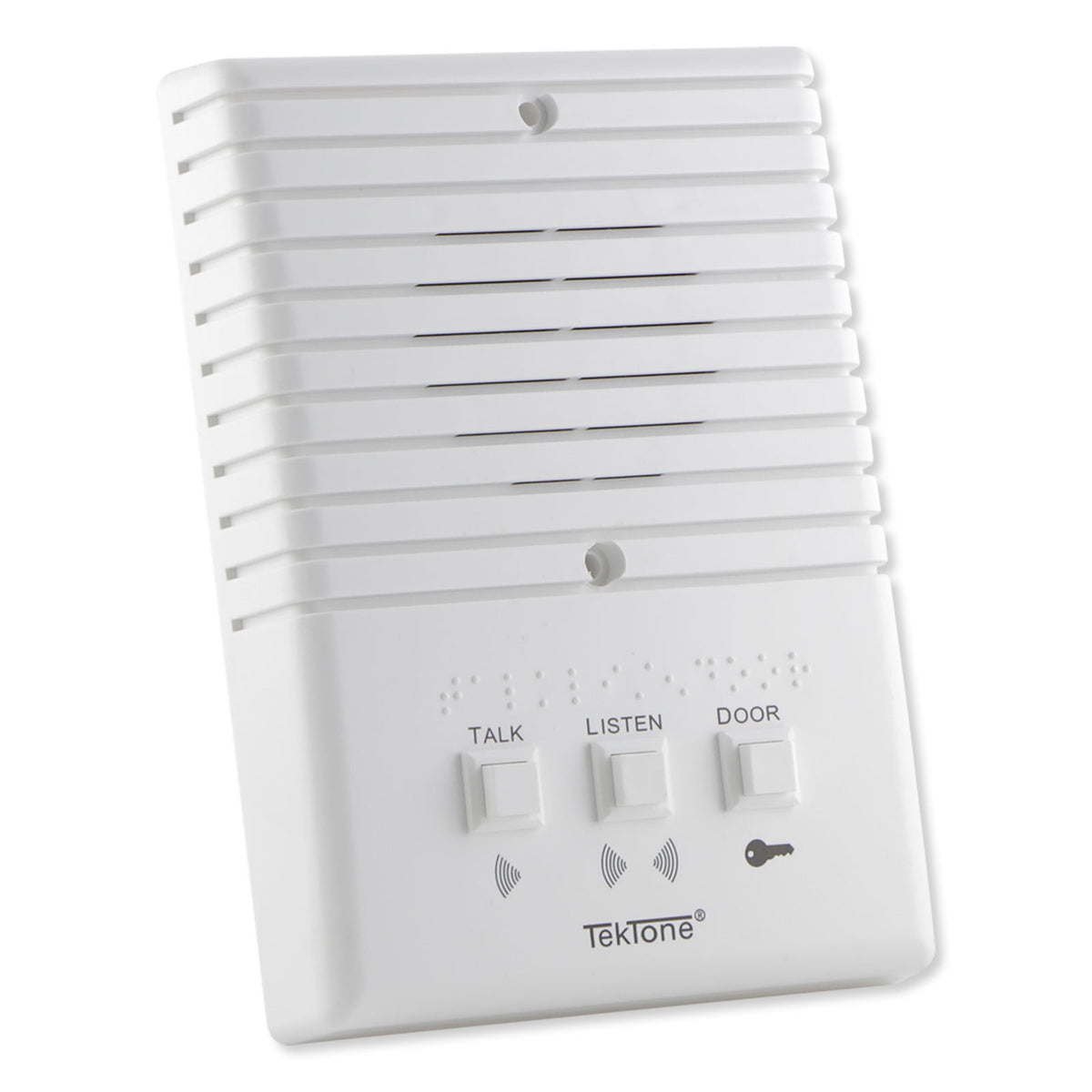 White electronic device with buttons labeled 'Talk', 'Listen', and 'Door' on a white background
