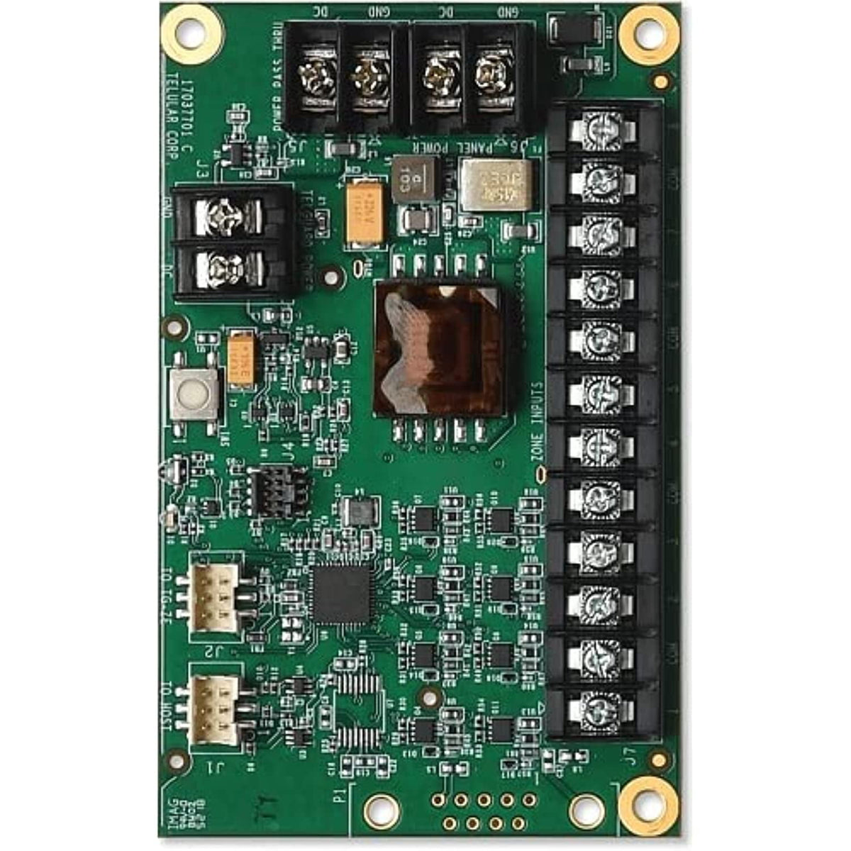 Green circuit board with electronic components on a white background