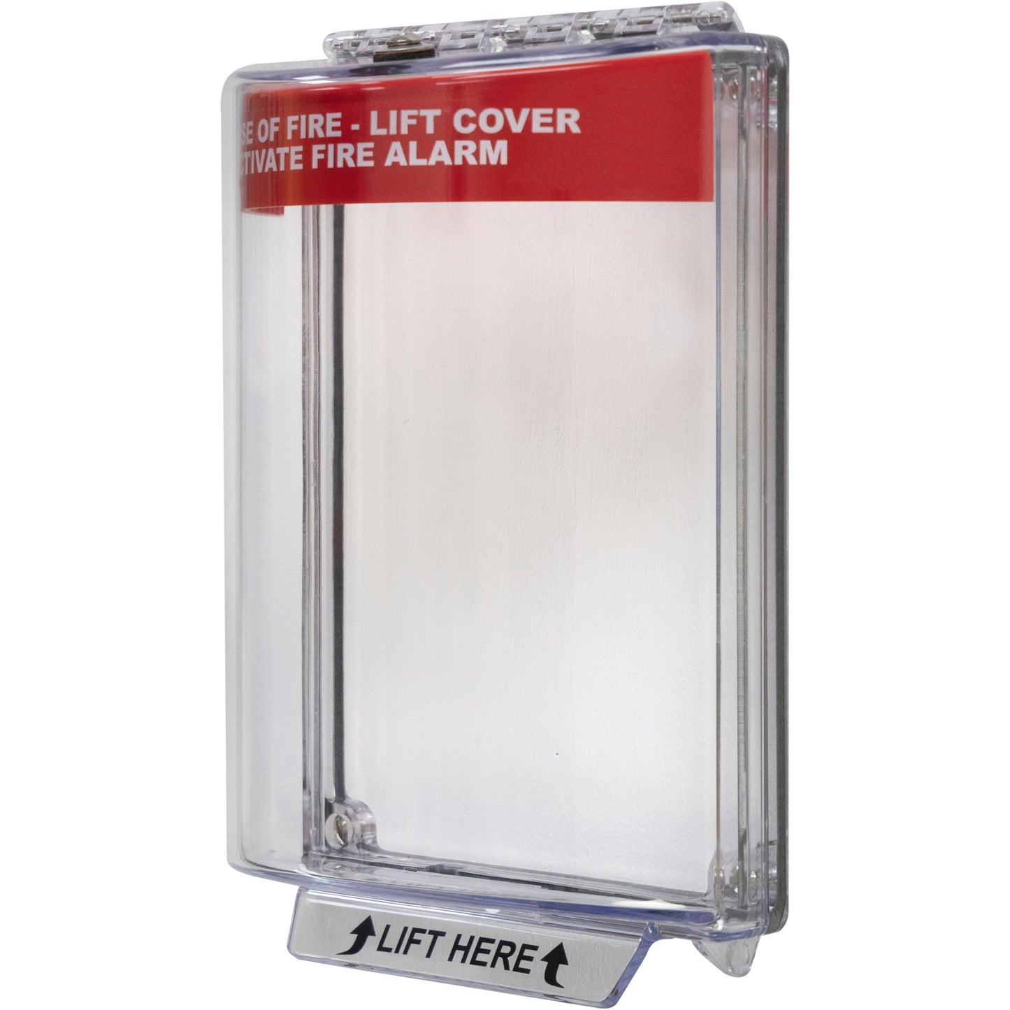 Clear fire alarm cover with red label and 'Lift Here' text on a white background
