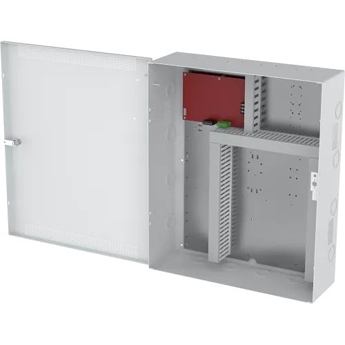 Metallic server cabinet with open door on a white background