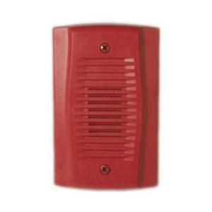 Red, wall-mounted fire alarm notification appliance on a white background