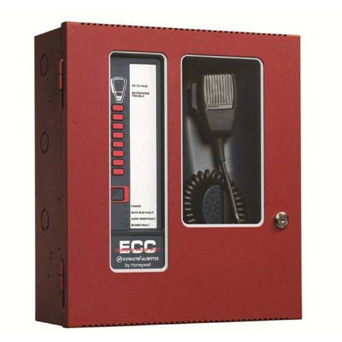 Red fire alarm control panel with ECG branding on a white background