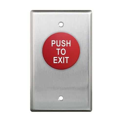 Metallic push button with red circle and 'PUSH TO EXIT' text on a white background