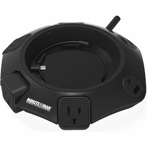 Black, circular Minuteman Power Technologies surge protector and power hub, set against a plain white background