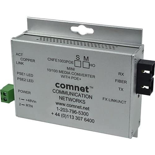 ComNet CNFE1003POES/M Hardened Media Converter, SC Connector, Fiber, 48V PoE, Power Supply Included, 30W Output, 100Mbps