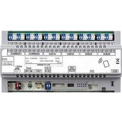 Control panel with various ports and labels on a white background