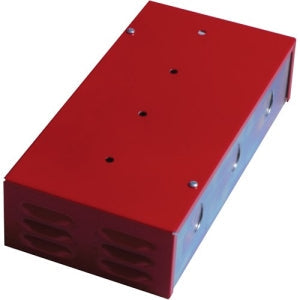 Red metal box with ventilation holes on a white background