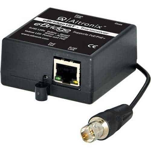 Altronix eBridge transceiver with Ethernet port and power cable on a white background