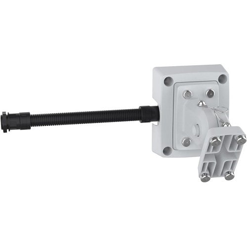 Metal bracket with a black cable on a white background