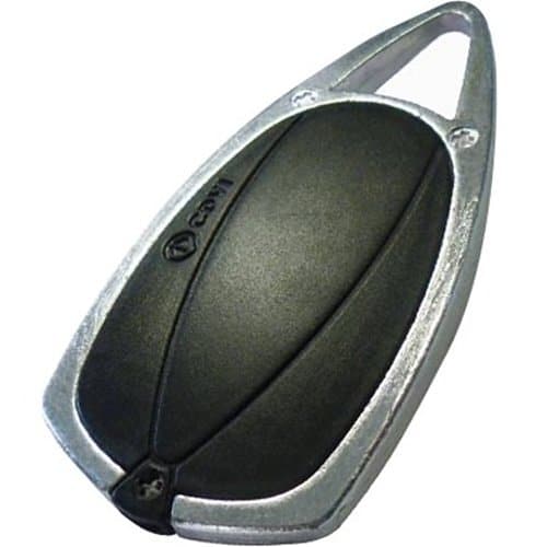 Metallic keychain with a black center on a white background