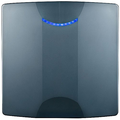 Blue electronic device with a blue light on a white background