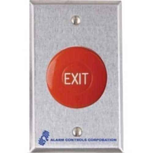 Red 'EXIT' button on a metal plate with Alarm Controls Corporation logo.