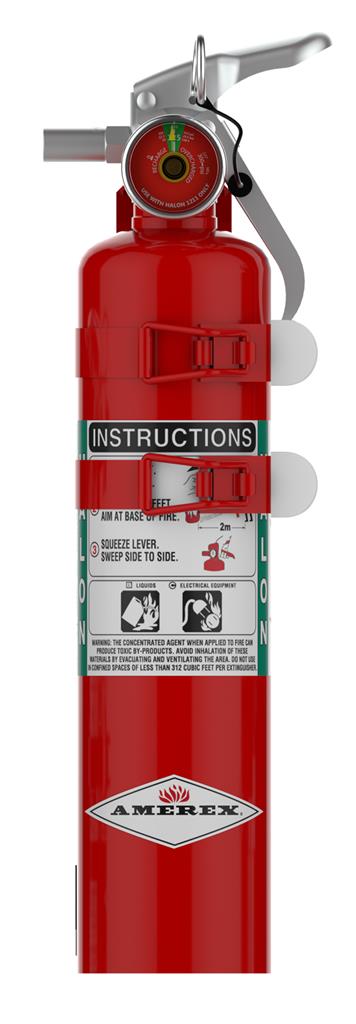 Red fire extinguisher with visible Amerex branding on a white background