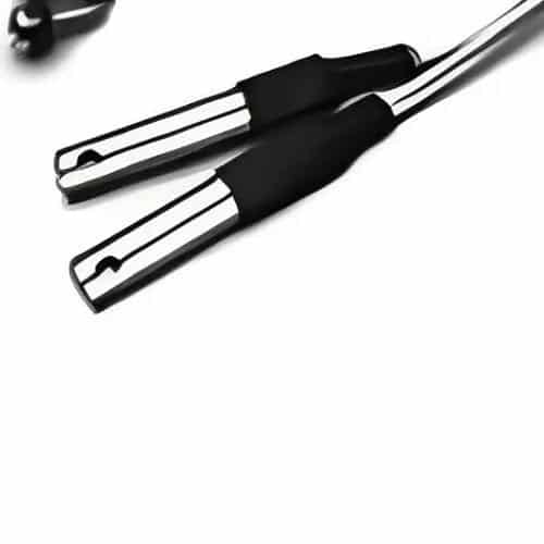 Two black and silver clamps on a white background