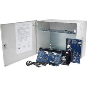 Electrical enclosure with electronic components and wiring on a white background