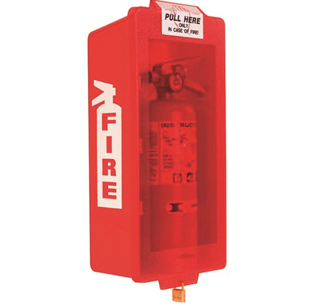 Red fire extinguisher cabinet with a fire extinguisher inside on a white background