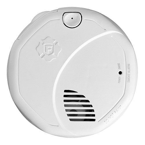 White smoke detector with visible brand logo on a white background